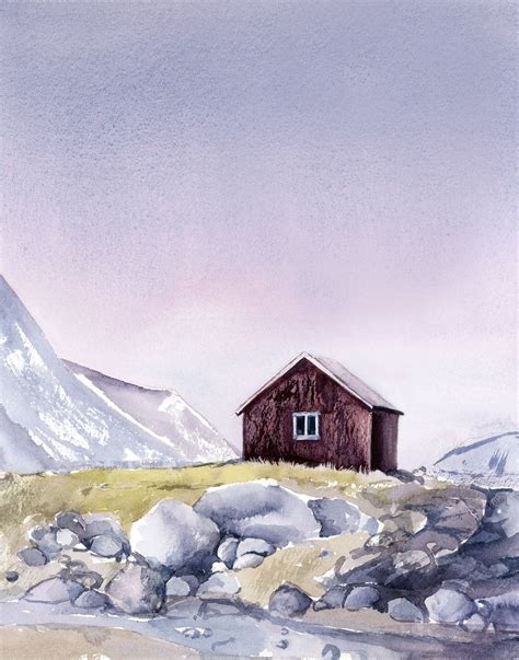 Iceland Watercolor Print Nordic Landscape Mountains Painting Etsy In