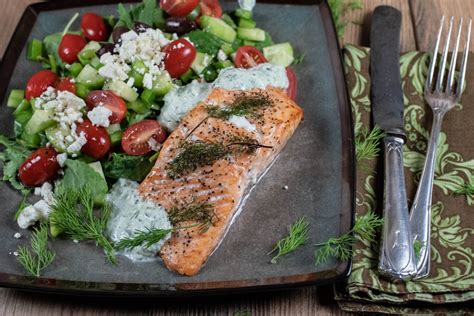 Salmon With Tzatziki And Greek Salad Feeding The Famished