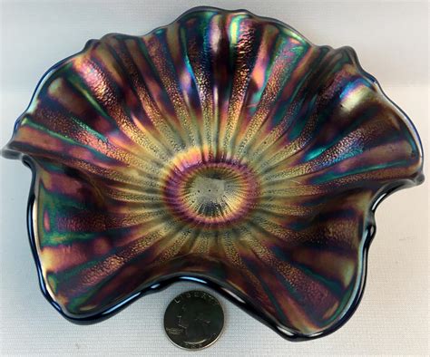 Lot Antique Fenton Blue Carnival Glass Iridescent Stippled Rays Ruffled Dish W Scale Band