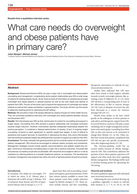 Pdf What Care Needs Do Overweight And Obese Patients Have In Primary