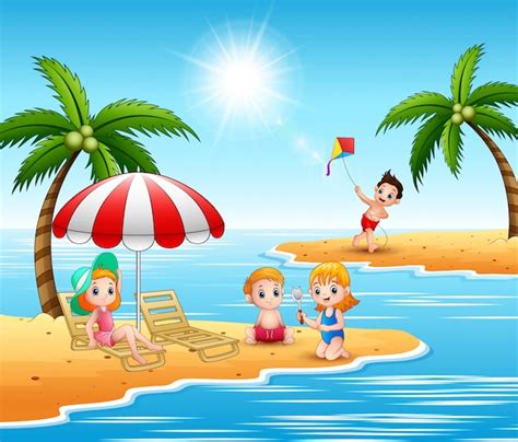 Vacaciones De Verano Niños En La Playa Vector Premium