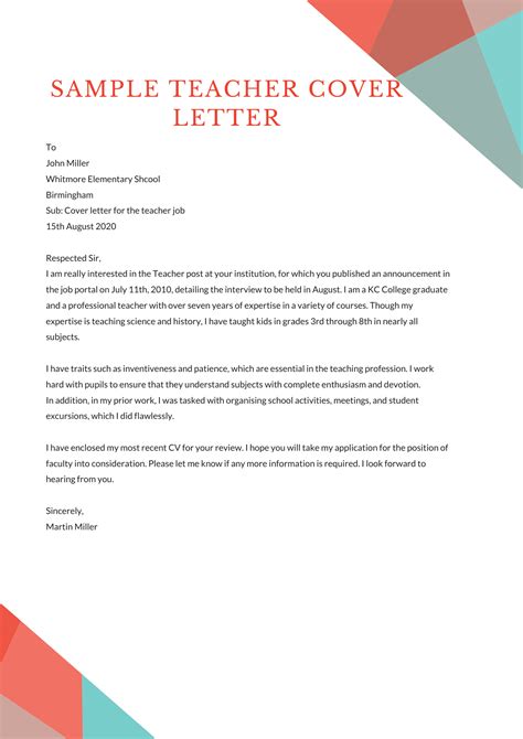 Sample Teacher Cover Letter Template Teacher Job Application Letter