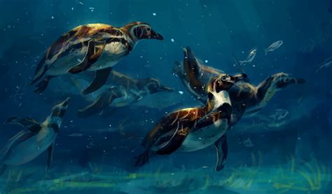 Wallpaper Penguins Underwater World Animals Painting Art