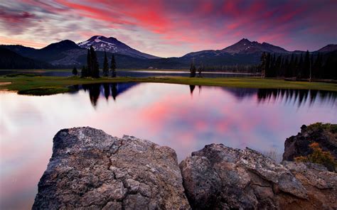 Lake Sunset Rocks Sky Mountains Reflection