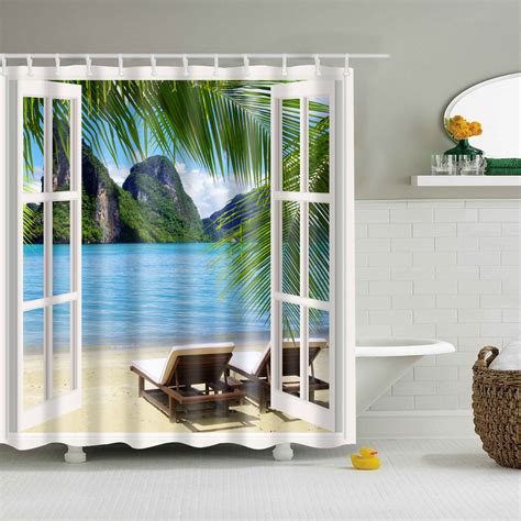 Tropical Scenery Shower Curtain 3d Window Beach Themed Palm Tree