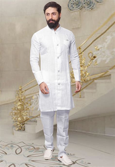 Plain Linen Kurta Set In White White Kurta Men Mens Kurta Designs