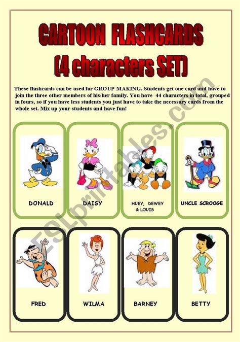 Cartoon Flashcards 4 Characters Set4 Pages 44 Cards Esl Worksheet