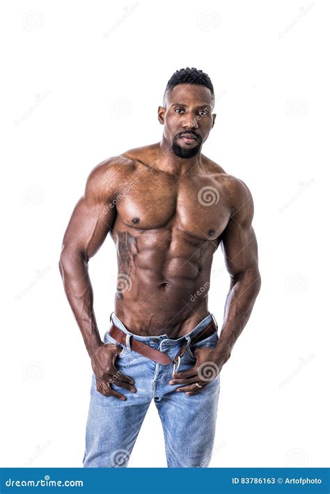 Portrait Of Smiling African American Male Bodybuilder With Naked Torso
