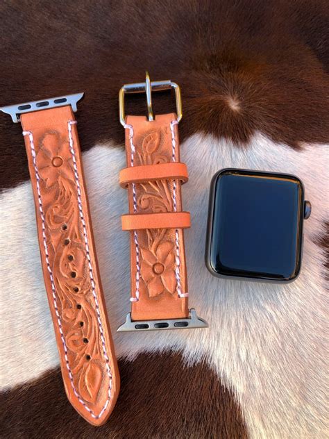 Hibiscus Tooled Leather Apple Watch Band Natural Ale Accessories