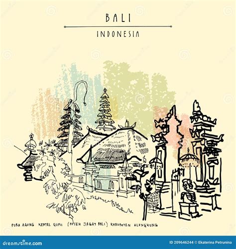 Bali Indonesia Vector Hand Drawn Postcard Stock Illustration