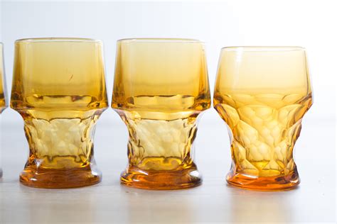 Vintage Thumbprint Glasses Set Of 6 Amber Or Honey Colored Textured Drinking Tumbler Lowball