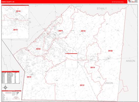 Union County Nc Zip Code Wall Map Red Line Style By Marketmaps