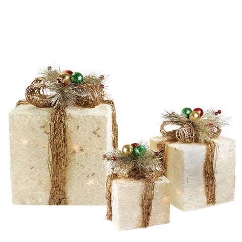 Set Of Cream Gift Boxes With Twine Bows Lighted Outdoor Christmas
