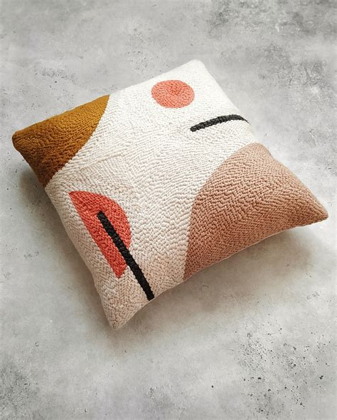 Modern Abstract Punchneedle Pillowcase Beige Mustard And Coral