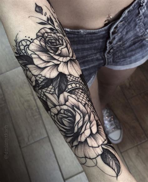 Roses And Lace Black Ink Forearm Piece Best Tattoo Design Ideas