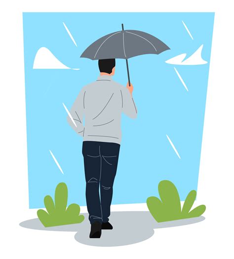 A Man Walking With An Umbrella In The Rain Back View Blue Sky Clouds
