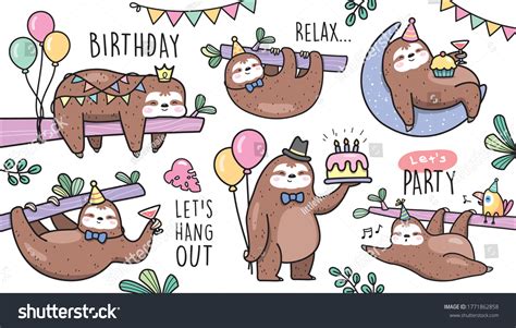 Set Sloths Birthday Party Vector Illustration 库存矢量图（免版税）1771862858 Shutterstock
