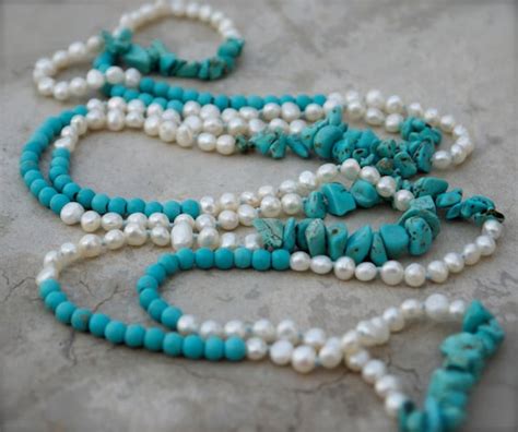 Items Similar To Long White Pearl Necklace Blue Turquoise Necklace Long