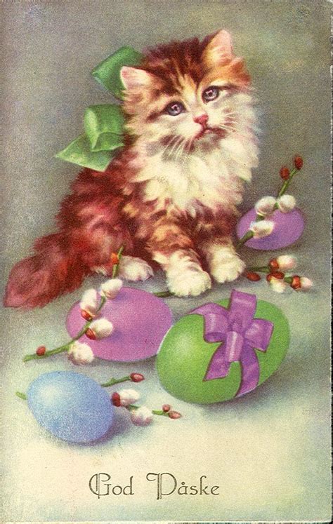 Vintage Easter Card Cat And Eggs Easter Greeting Cards Easter