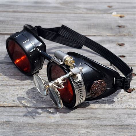 Black Steampunk Goggles With Red Lenses And Magnifying Loupes Optic