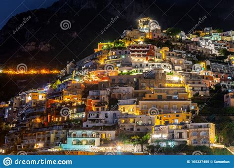 Colorful Houses Of Positano Along Amalfi Coast At Night Italy Stock
