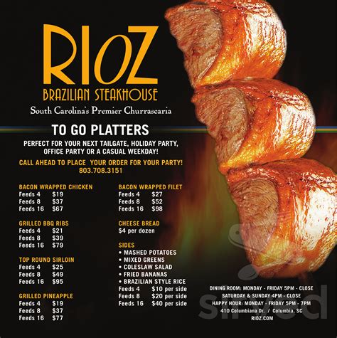 The staff was excellent and at $1.75 per taco you can't beat the price! Rioz Brazilian Steakhouse menu in Columbia, South Carolina