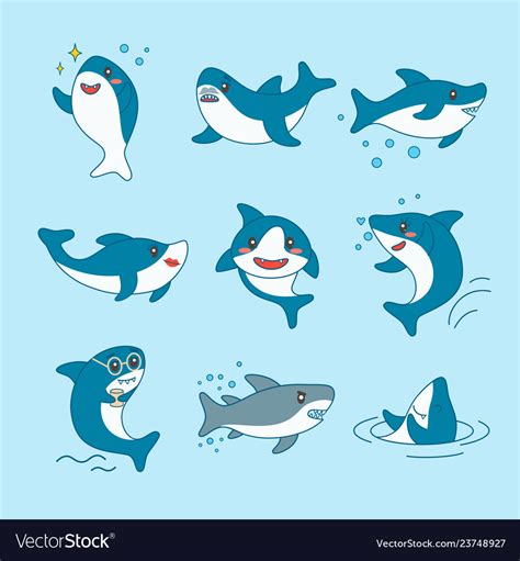 Kawaii Sharks Collection Funny Cute Fish Cartoon Vector Image
