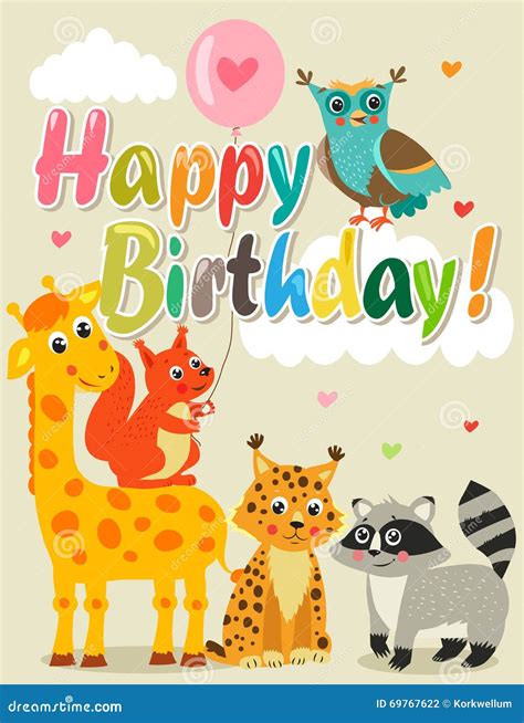 Happy Birthday Card With Funny Animals Vector Illustration Happy
