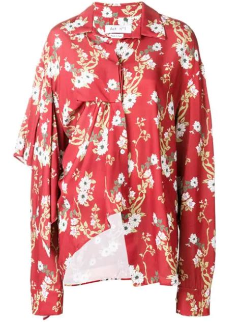 Act N°1 Asymmetric Floral Print Blouse Red Modesens