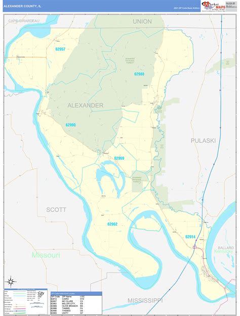 Alexander County, IL Zip Code Wall Map Basic Style by MarketMAPS