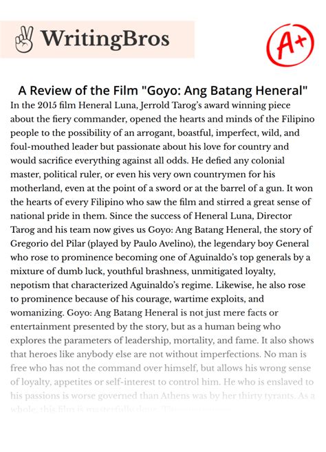 A Review Of The Film Goyo Ang Batang Heneral Free Essay Sample