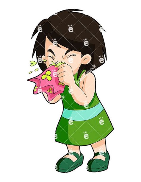 Sneezing Little Girl Blowing Nose Cartoon Vector Clipart