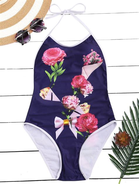25 Off 2019 Floral Halter High Leg One Piece Swimsuit In Cadetblue