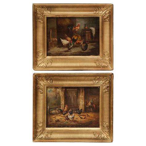 Pair Of 19th Century French Chicken Oil On Board Paintings In Gilt