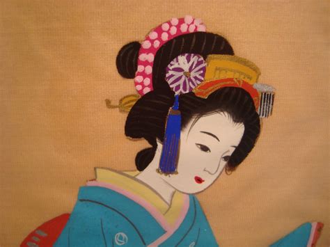 Vintage Geisha Japanese Girl In Blue Kimono Painting Art On Silk 18 X