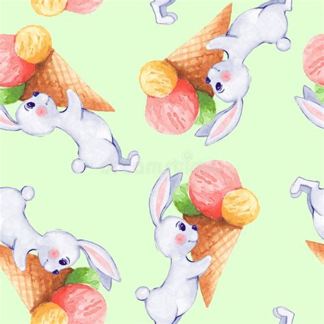 Seamless Pattern With White Rabbits And Ice Cream Stock Illustration