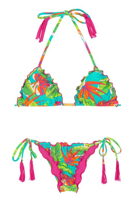 Tropical Print Scrunch Bikini Top With Pink Fringed My Xxx Hot Girl