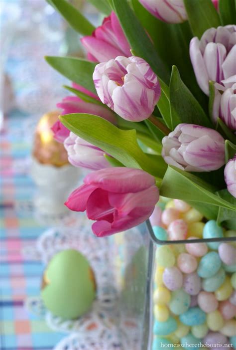 Easters On Its Way Table Plaid Bunnies Eggs And Tulips Home Is