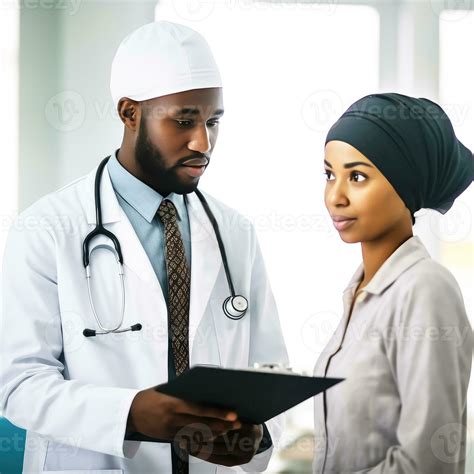 Closeup Portrait Of African Muslim Male Doctor Explaining To Nurse Or