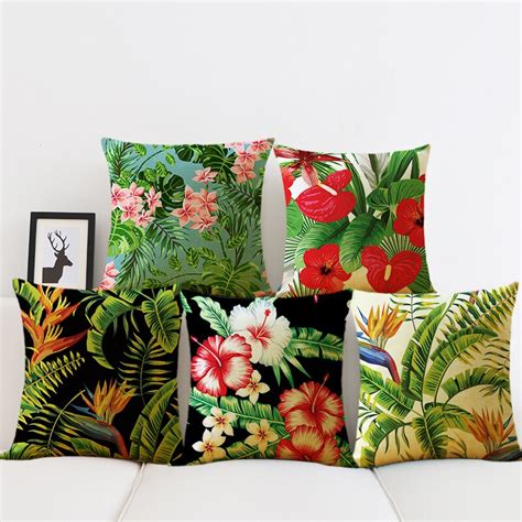 Tropical Plants Cushion Cover Green Leaves Cushion Covers Flowers