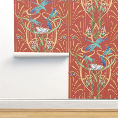 Art Nouveau Dragonflies Deep Coral Wallpaper Spoonflower