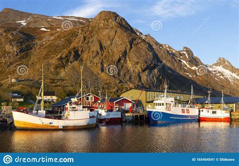 Ramberg Village Lofoten Islands Norway Fishing Boats In Harbor At