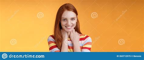 Pleased Happy Tender Feminine Redhead Gorgeous Girl Blushing Flirty Giggle Gazing Camera Smiling