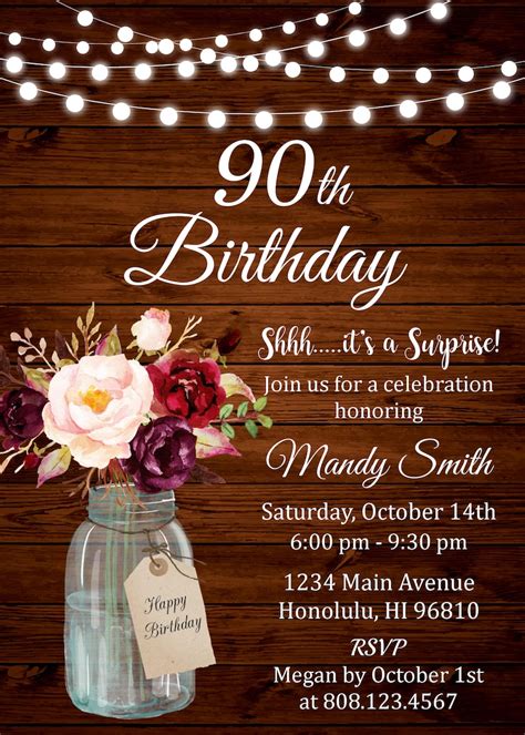 90th Birthday Invitation For Women Rustic Birthday Invitation Etsy
