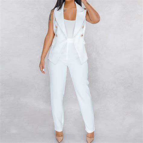 Ericdress Plain Button Lapel White Womens Suit Vest And Pants Two Piece Sets