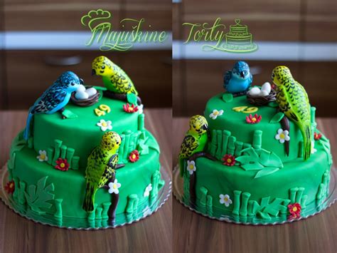 Cake With Handpainted Parakeets Birthday Cake
