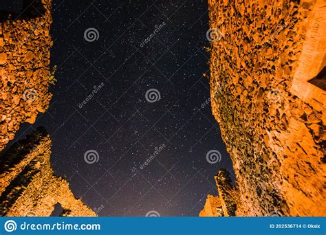 Endless Starry Sky Over The Ruins Of A European Castle Stock Photo