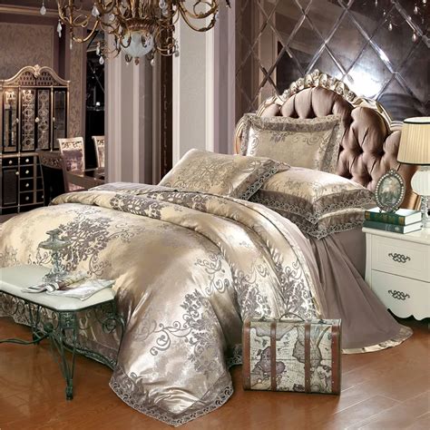 White Silver Coffee Jacquard Luxury Bedding Set Queenking Size Bed Set 4pcs Cotton Silk Lace