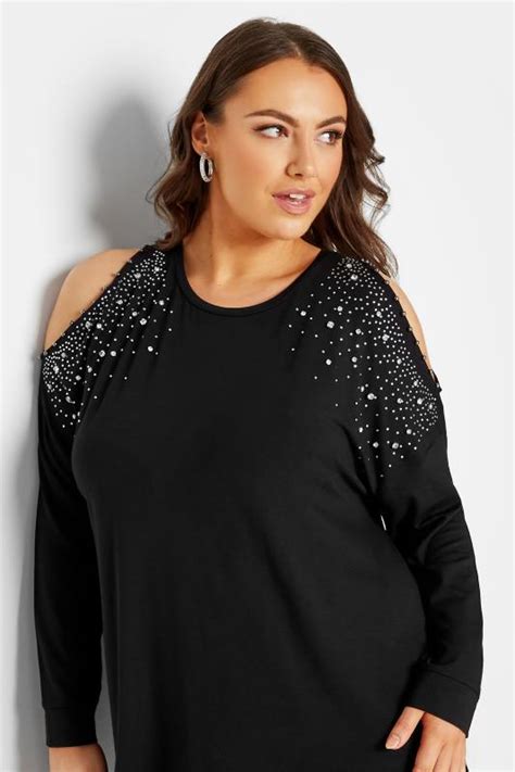 Plus Size Black Cold Shoulder Embellished Tunic Top Yours Clothing