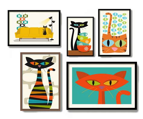 Mid Century Modern Cat Art From Dexmex Modern Cat Art Cat Wall Art